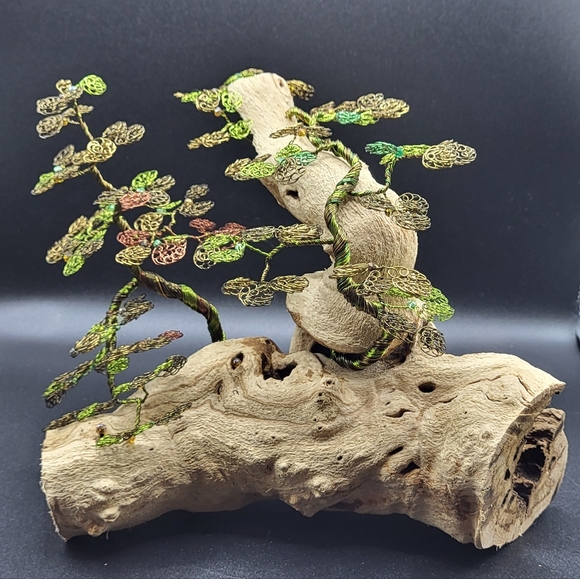 Bonsai Wire Tree , Joshua Tree of Life Copper & Green Wire on Driftwood - Picture 4 of 9